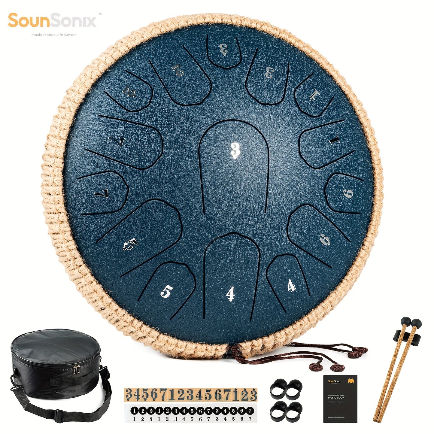 Steel Tongue Drum - 33.02 cm, 15 Notes, Hand Pan Drum with Music Book, Mallets, Carry Bag, D Major Eid Al-Adha Mubarak.