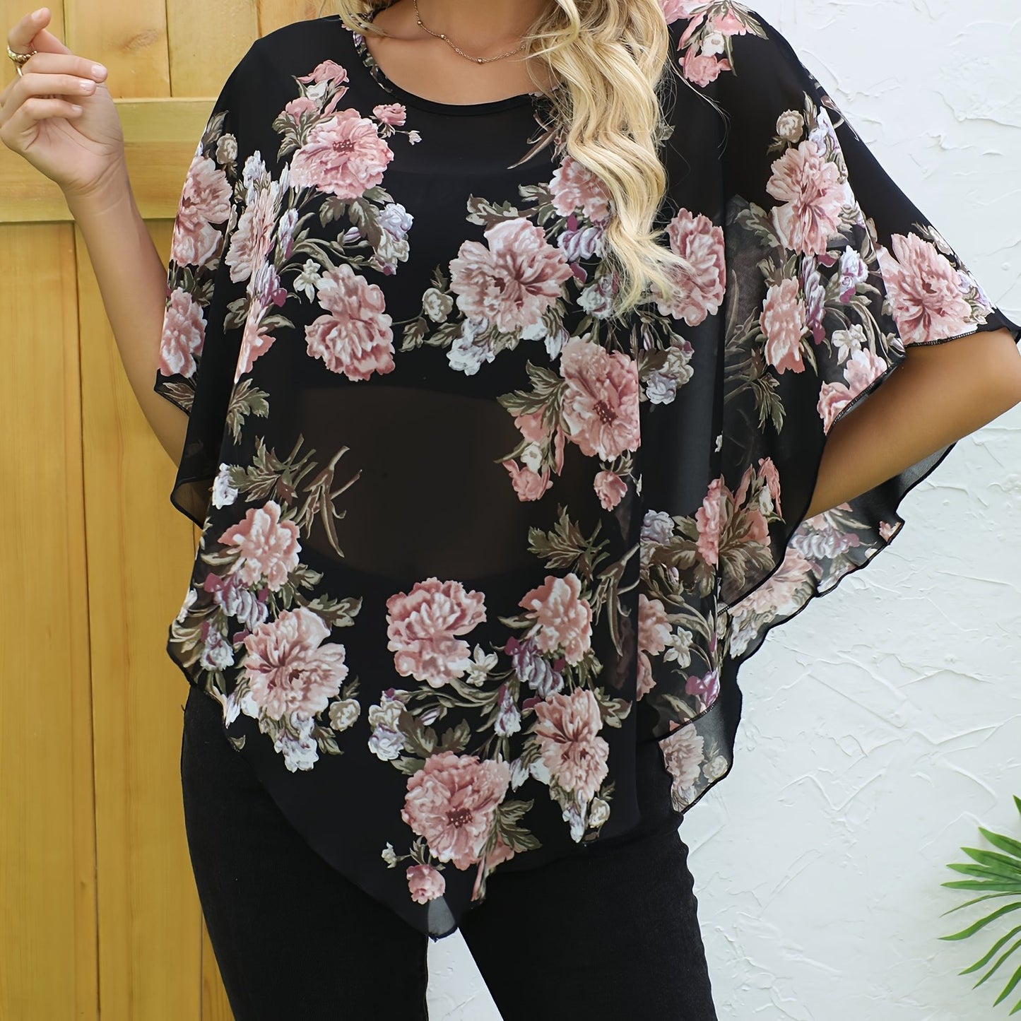 Floral chiffon kimono cardigan for women, loose fit sheer cover-up for sun protection, fashionable summer top