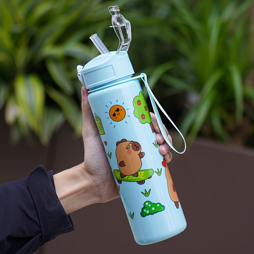 Cartoon Kapibara-themed 26oz water bottle with straw, leak-proof, PVC-free, hand wash only. Great for outdoor activities and makes a perfect holiday gift.