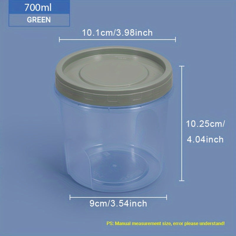 Five pieces of round plastic containers with reusable lids, ideal for storing food, snacks, and lunch. These small freezer storage jars come with screw lids and are microwave safe.