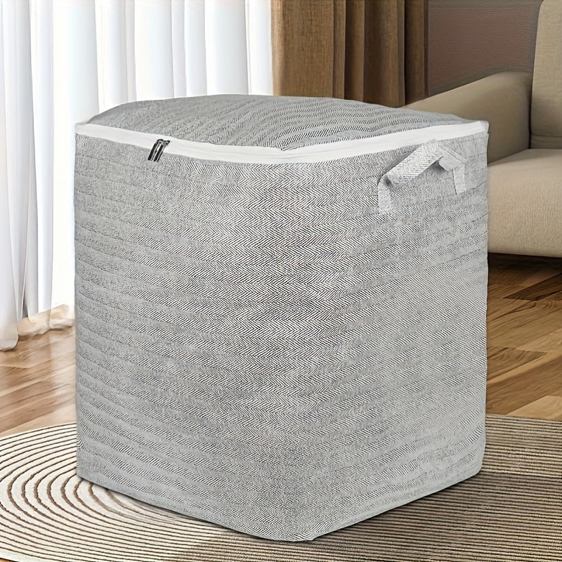 Extra-large durable non-woven fabric storage bin with lid, handles, herringbone pattern, zipper closure, ideal for organizing clothes, quilts, toys in home, bedroom, dorm.