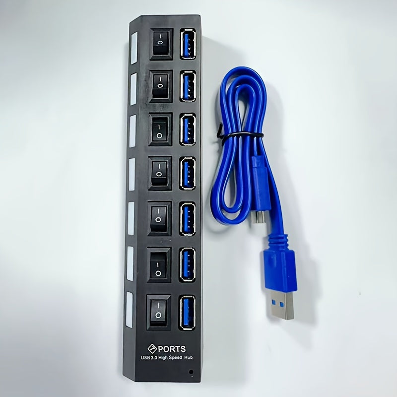 USB 3.0 Hub with 7 Ports, LED Switch, Fast Data Transfer, Universal Compatibility, Durable Design, No Battery Needed.