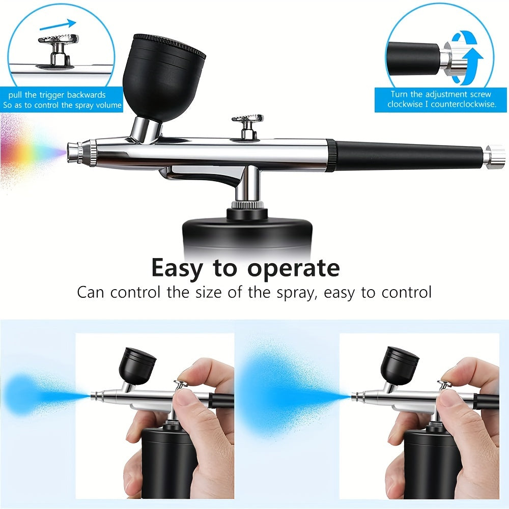 Portable, rechargeable airbrush kit with compressor and handheld gun for painting, art, and home decoration. Features 0.3mm tip.