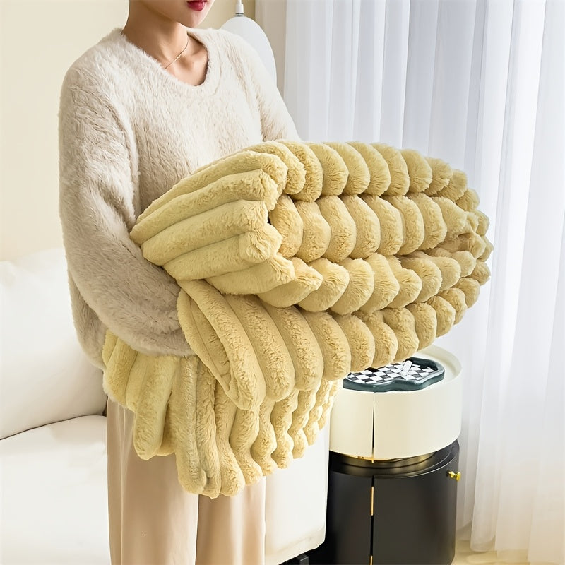 Stay cozy and stylish with our luxurious 1pc Contemporary Champagne Plush Double-Layer Throw Blanket. Made of 100% polyester and weighing 250-300gsm, this blanket is perfect for all seasons. It is machine washable and incredibly soft and warm, making it