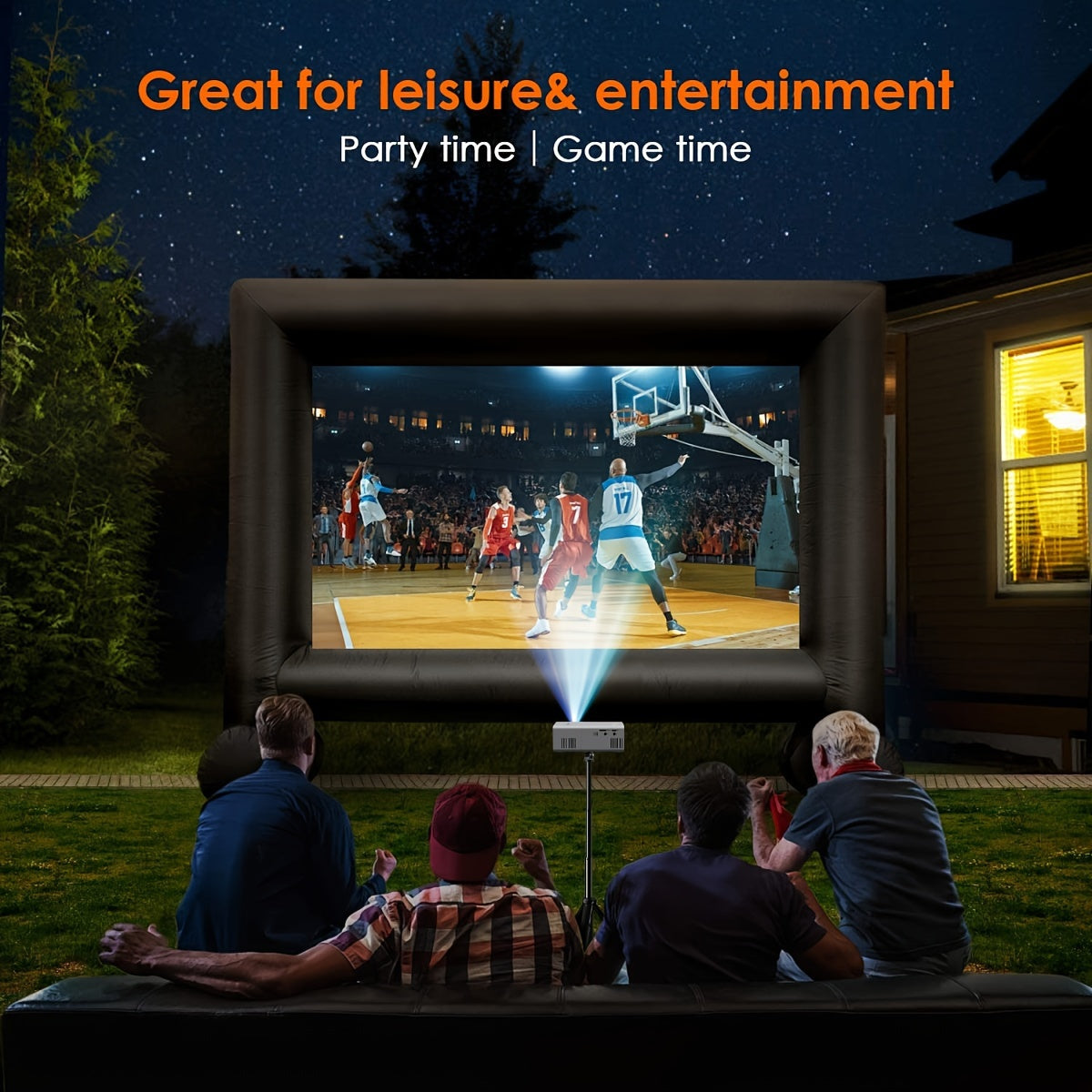 Portable mini projector with 3000 lumens and EU plug for indoor/outdoor movie nights. Features USB & HDTV connectivity, remote control, and compatibility with smartphones, tablets, and