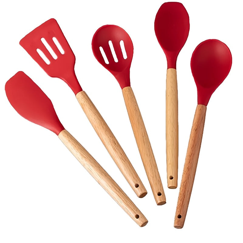 5-piece Non-Stick Kitchen Utensil Set with Wooden Handles, Safe for Food Contact - Ideal for Frying, Serving Soup & Sauces