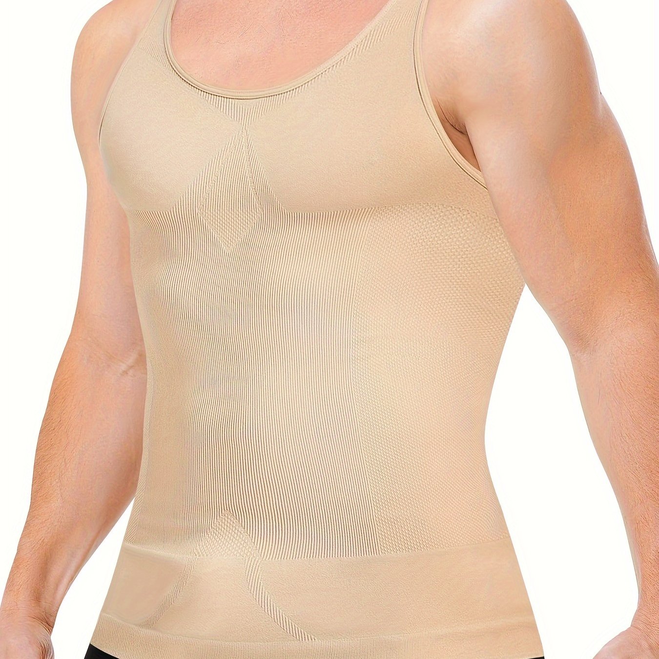 Men's slimming body shaper tank top made of breathable nylon-spandex blend. Sleeveless with off-shoulder neckline. Flexible and stretchy for all-season wear. Sporty style.