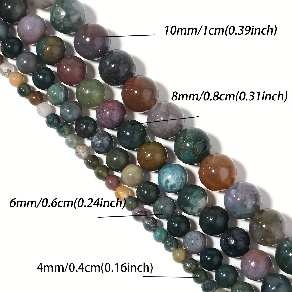 Indian Agate Round Loose Spacer Beads available in natural stone, perfect for DIY bracelet making. Each strand measures 15 inches in length with bead sizes of 4, 6, 8, 10, and 12mm. Ideal for creating unique jewelry accessories.