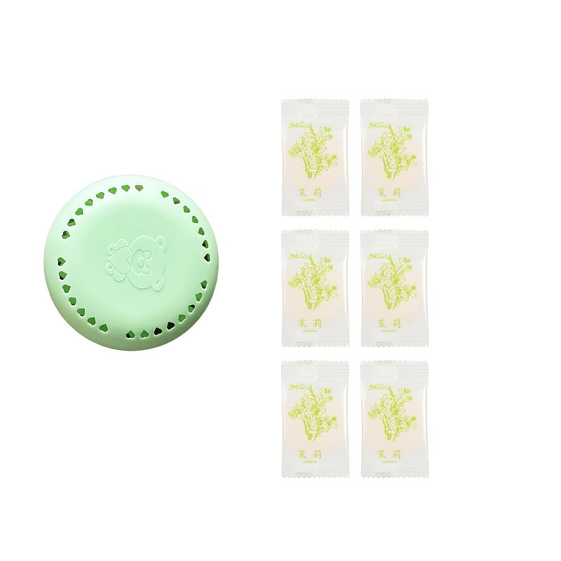 Six fragrance tablets and one box of long-lasting aromatherapy air freshener for use in various settings such as home, car, bathroom, bedroom, wardrobe, and toilet; suitable for ceramic surfaces, self-adhesive, and one-time use.