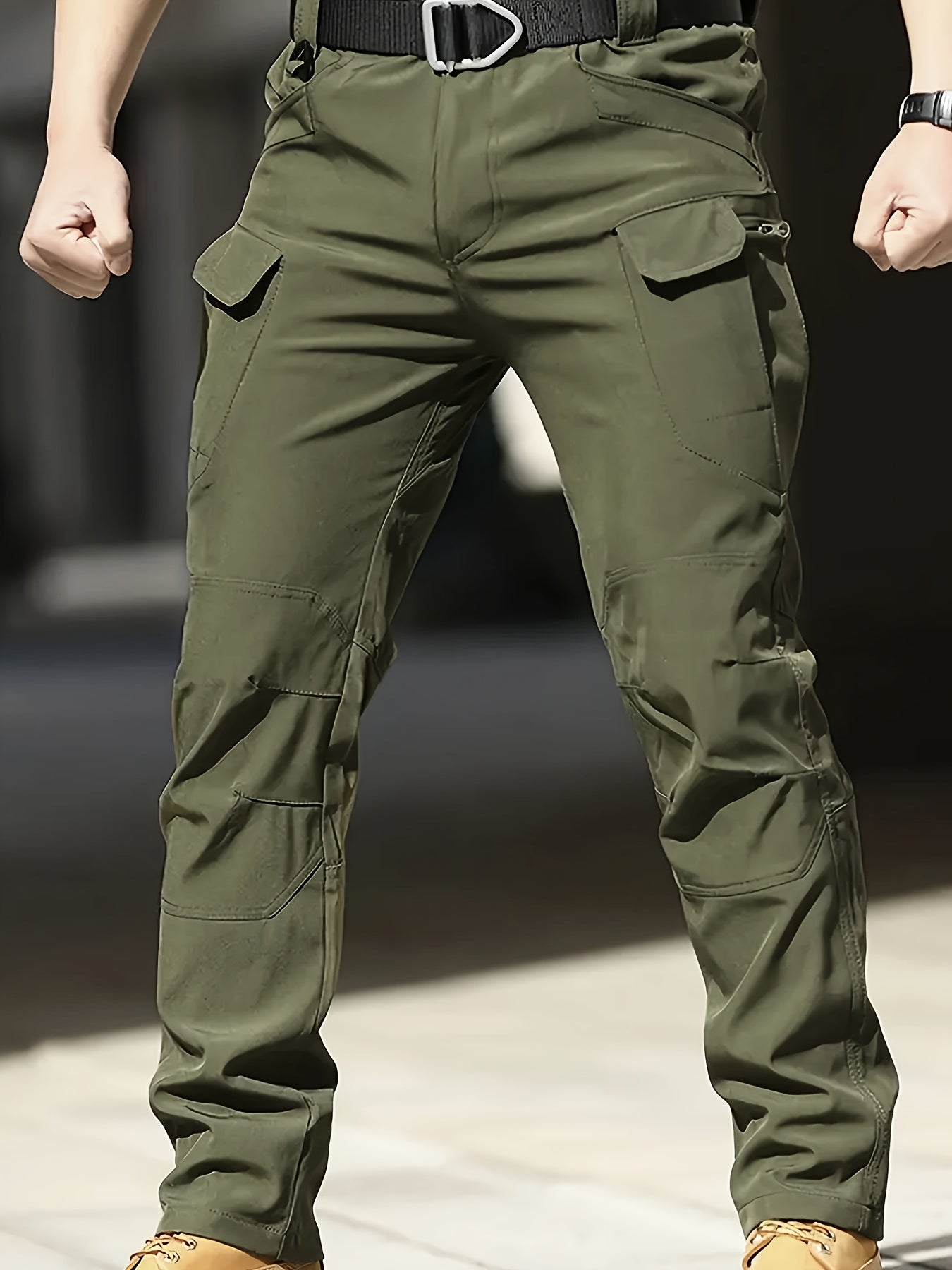 Durable polyester/spandex blend cargo pants for men with multiple pockets, machine washable, casual style