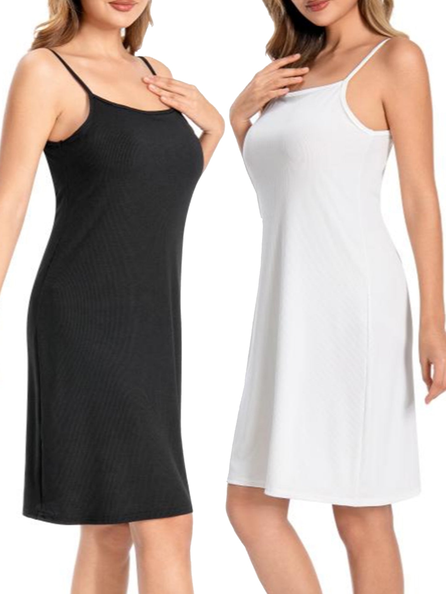 2 Women's Slip Dresses - Sexy A-Line Nightgowns, High Stretch Polyester Blend, Round Neck, Ideal for Spring/Summer/Fall