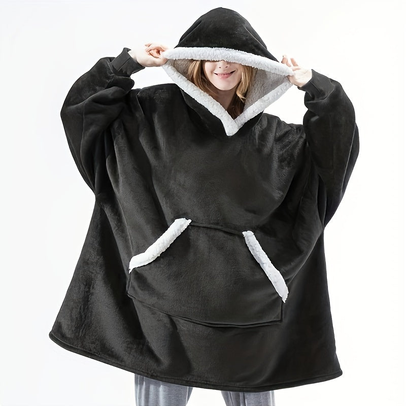 Stay warm and stylish in our cozy plaid fleece hooded blanket sweatshirt! With large pockets for convenience, this oversized wearable blanket is perfect for men and women. It's soft, warm, and machine washable, making it ideal for TV binge-watching.