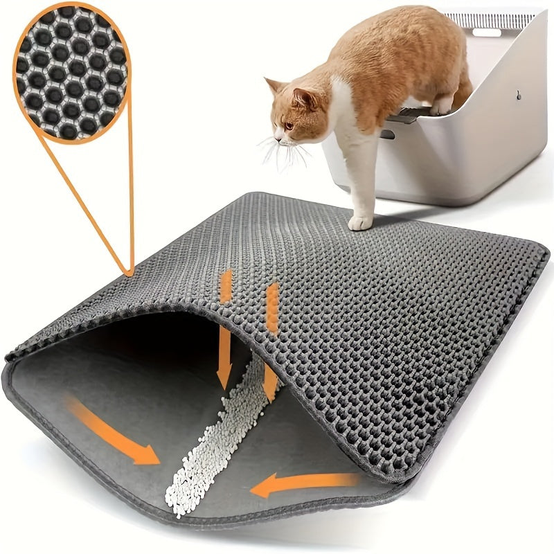 Extra large cat litter mat in gray and black with non-slip honeycomb double layer design. Made of high-quality EVA material that is urine and waterproof. Easy to clean with directional