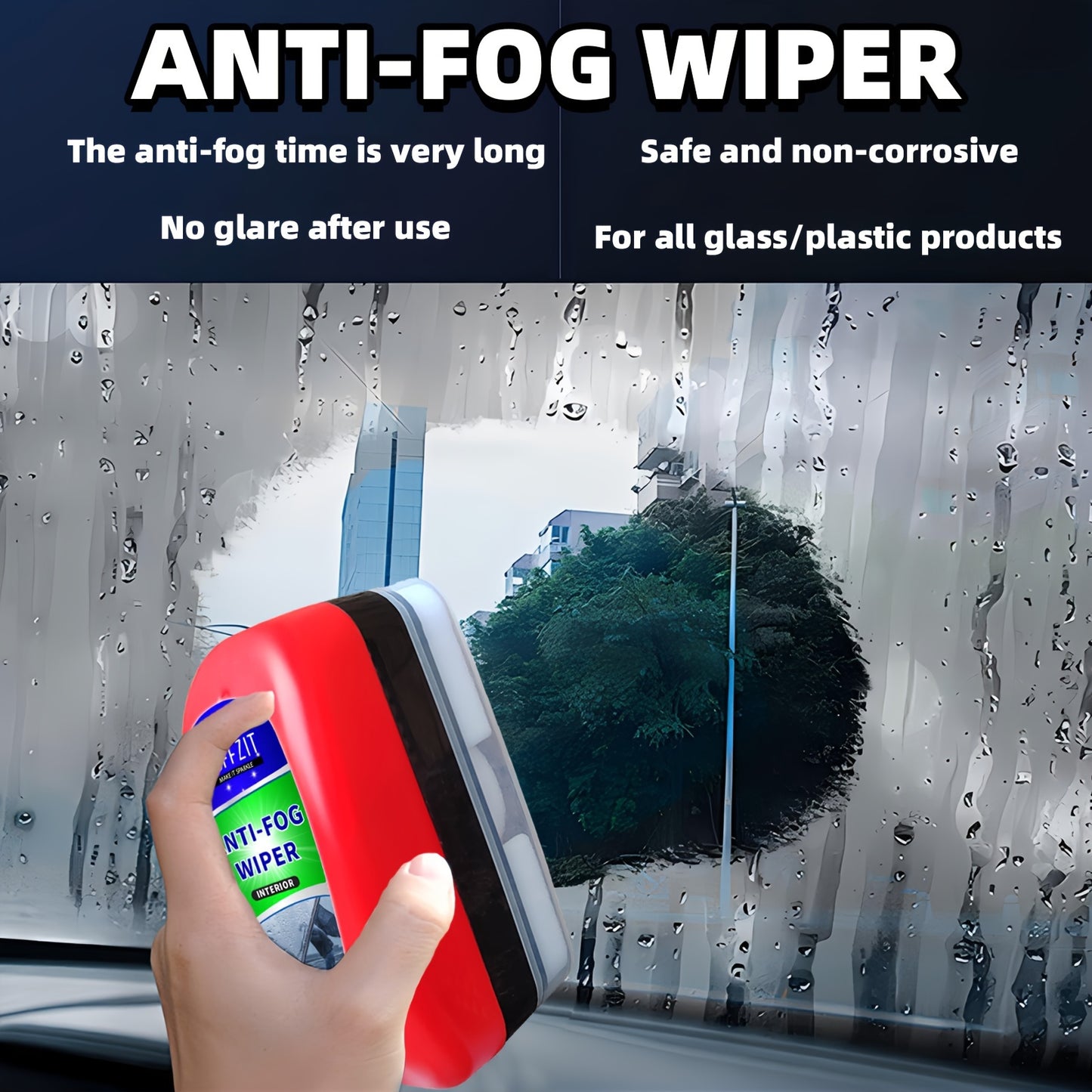 Interior windshield anti-fog spray repels water and prevents fogging.