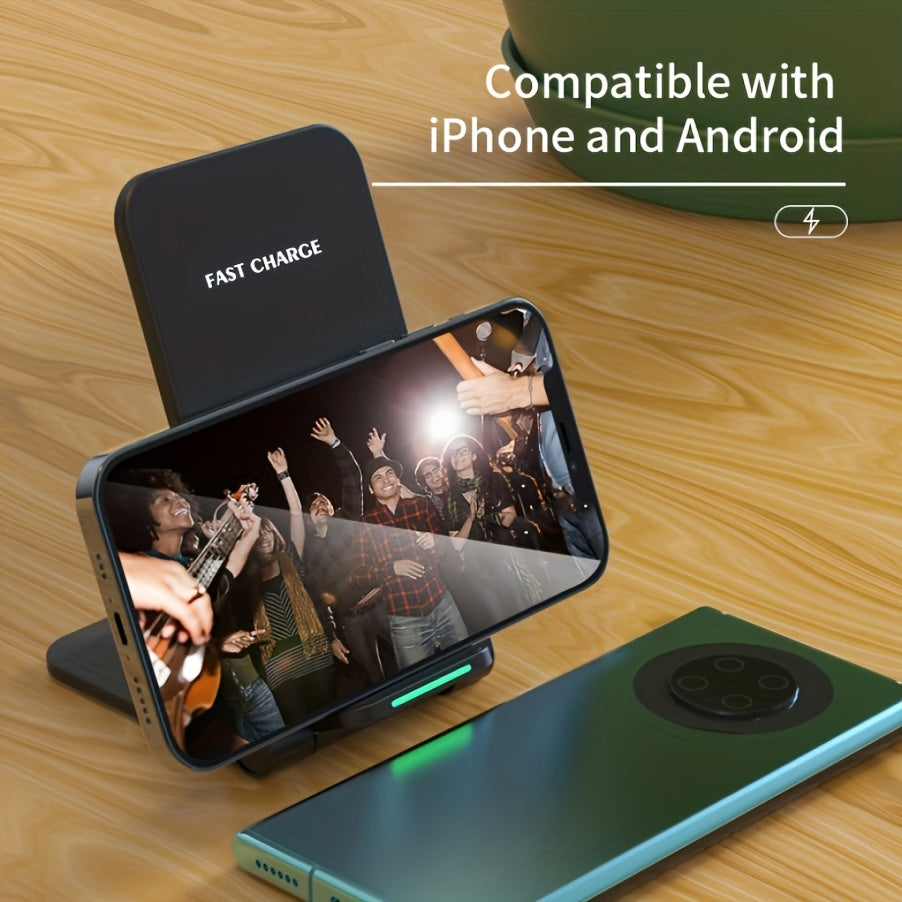 Features include 15W fast charging for iPhones and Samsung Galaxy devices, dual coil wireless charging stand with USB Type-C connector, compatible with various models, and charging