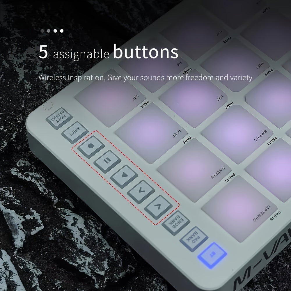 FF Bonfires Portable MIDI Controller: 16 Drum Pads, 8 Knobs, USB Powered, Rechargeable Battery