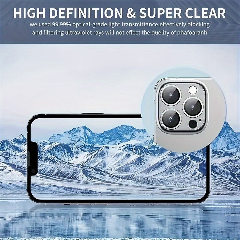 Aluminum camera lens protector with HD glass and 3M micro-tape for iPhone 11 Pro Max, easy to install, full coverage, anti-glare, scratch-resistant.