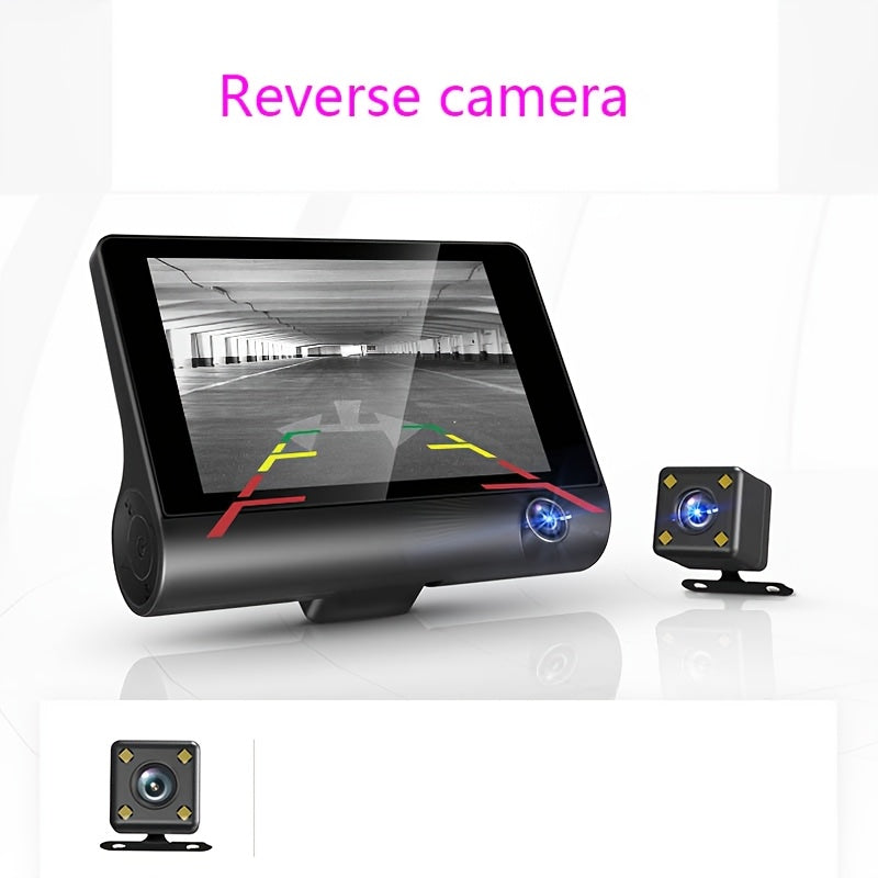 Dual dash cam with front and rear HD night vision, interior camera, suction mount, 720p video, push button control, rechargeable battery, universal driving position, laptop compatible.