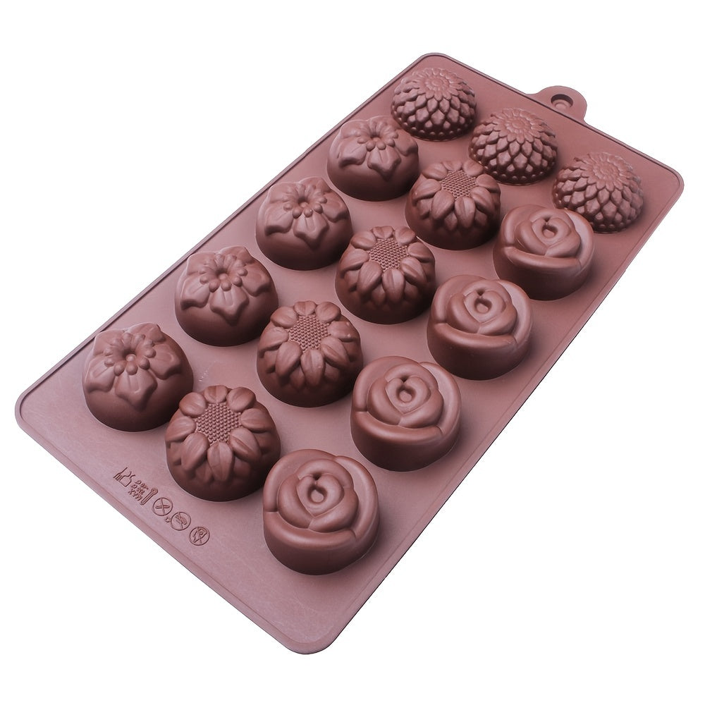 15 small flower-shaped chocolate silicone molds for DIY handmade soap, candy, jelly, mousse, and desserts. Includes 4 different kinds of flower shapes. Perfect for baking and crafting projects.