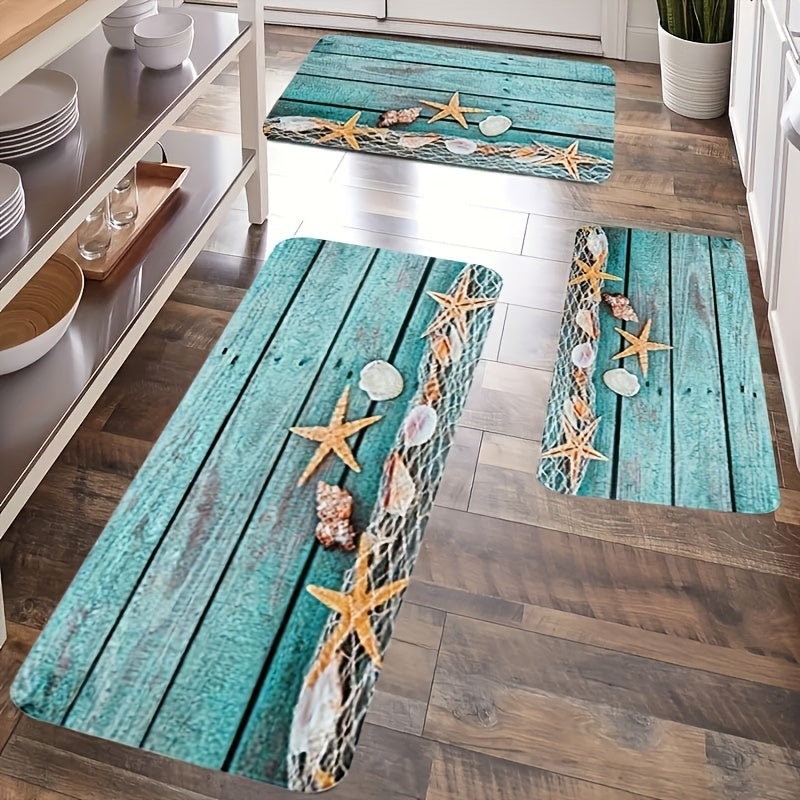 Soft, non-slip, waterproof floor mat with starfish print. Machine washable and dirt-resistant. Suitable for kitchen, living room, laundry, bathroom. Dimensions: 39.88*149.86cm.