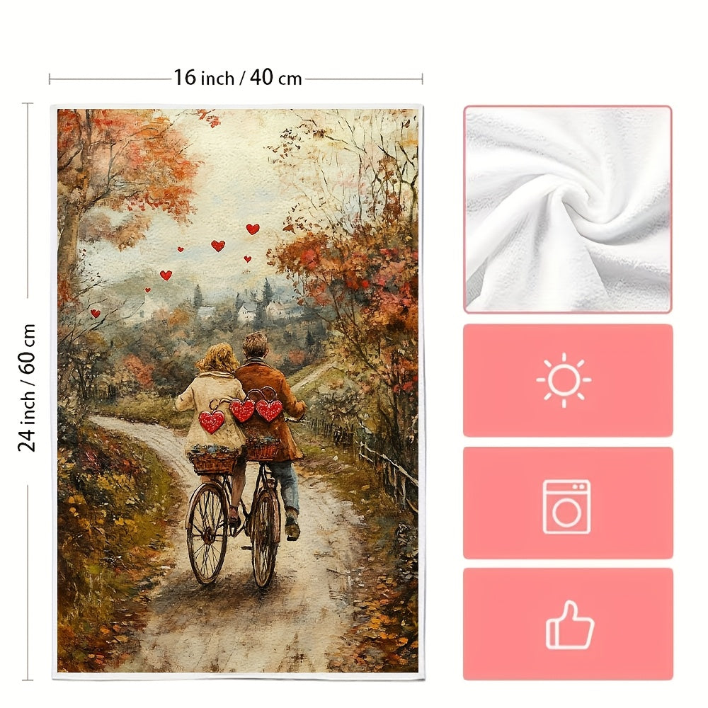 2 Pieces of Ultra Soft Kitchen Towels featuring a couple riding a tandem bicycle decorated with heart-shaped bells down a country lane. These highly absorbent dish hand towels are perfect for holiday decor. They are machine washable and measure 16x24