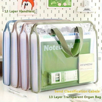 Durable PVC expanding file organizer holds A4 documents, suitable for students, office, and home use. White, waterproof and portable with handheld design. Stylish document bag for organized