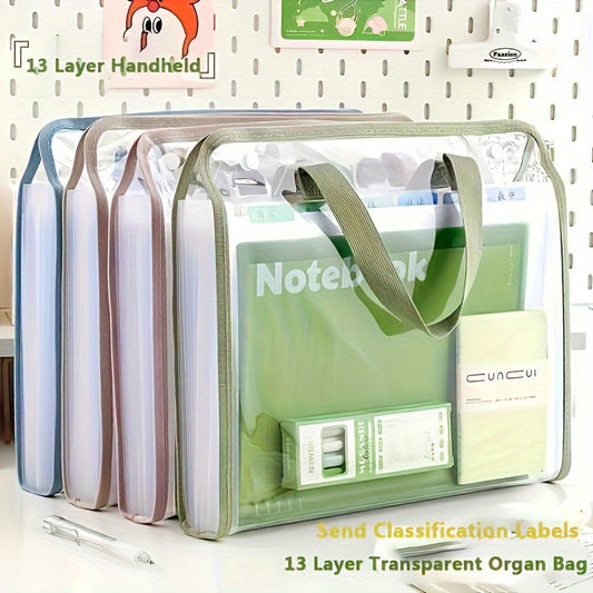 Durable PVC expanding file organizer holds A4 documents, suitable for students, office, and home use. White, waterproof and portable with handheld design. Stylish document bag for organized