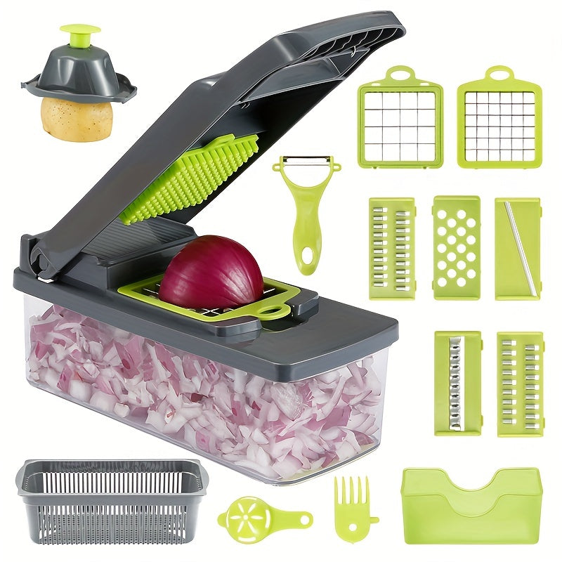 Get the 14/16pcs Multi-Functional Vegetable Cutter Set: Manual Food Grater Slicer with Container, Stainless Steel Interchangeable Blades, Plastic Kitchen Gadgets for Chopping, Shredding, Mincing - No Electricity Required