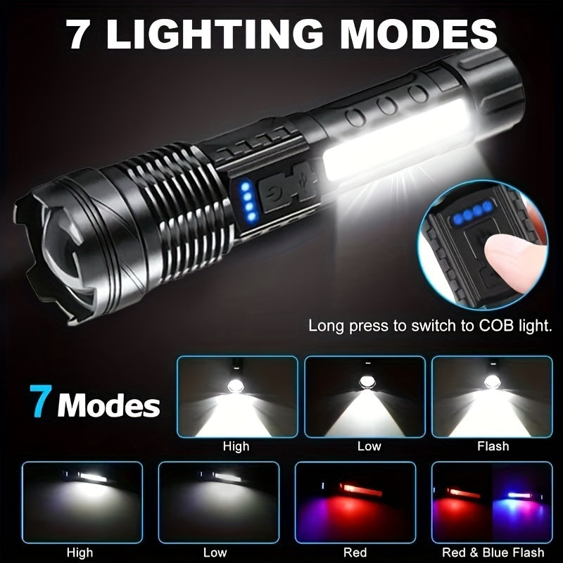 1pc Portable Camping Flashlight, USB Rechargeable LED Handheld Torch with Red-Blue Warning Light for Fishing, Adventure, Emergency, Hiking, Outdoor Searchlight.