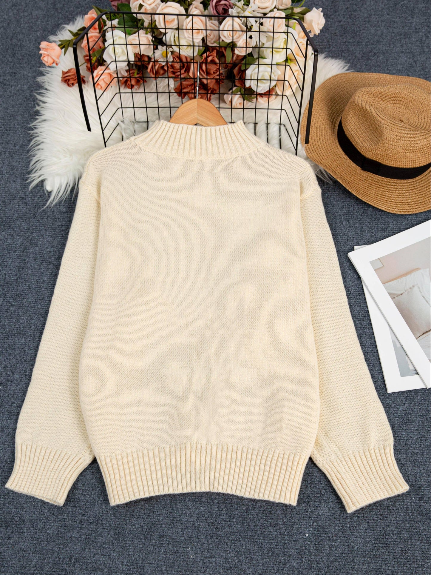 Elegant plus size mock neck sweater for women, perfect for spring/autumn. Machine washable with casual knit style.