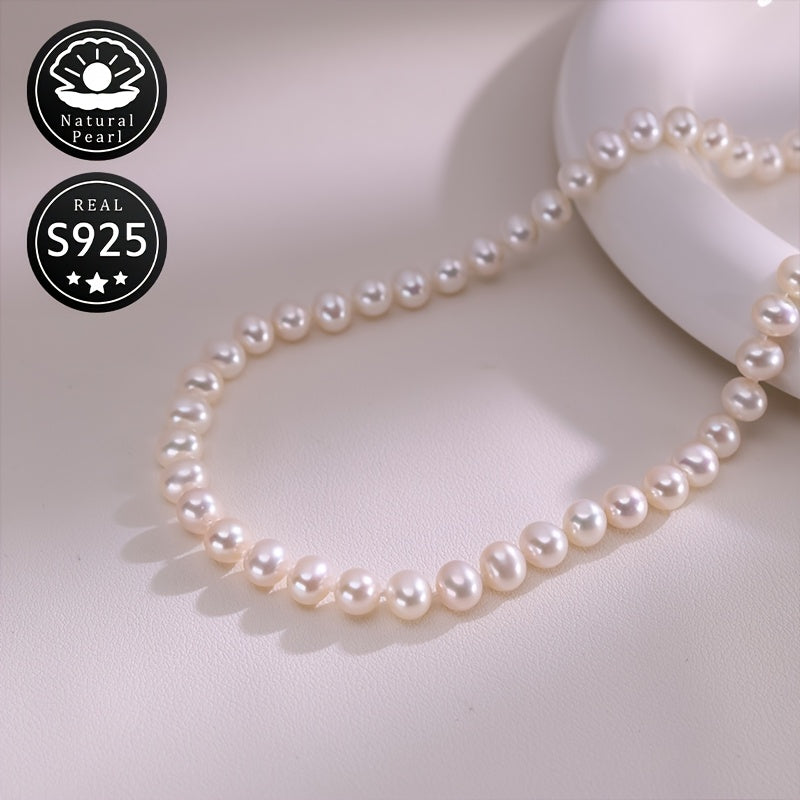 This S925 Silver Pearl Necklace features 8-9mm Natural Freshwater Pearls, perfect for everyday wear. Each pearl is unique in shape, color, and pattern placement, adding a touch of elegance to your outfit for any occasion.