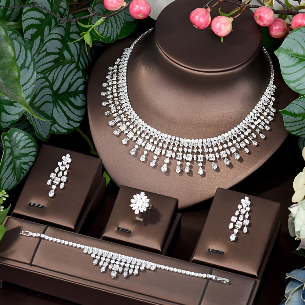 Luxurious 4-Piece Bridal Jewelry Set with Rhinestone Embellishments - Complete Wedding and Party Accessories including Necklace, Earrings, Bracelet, and Ring