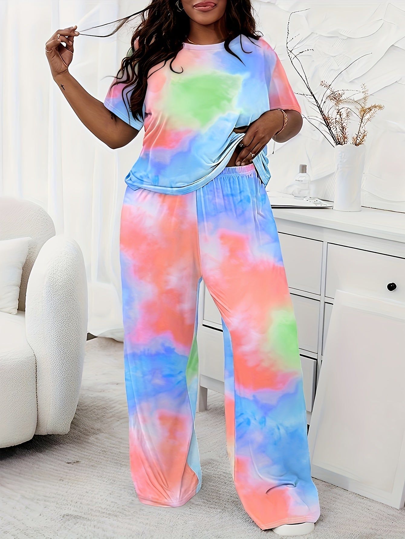 Round Neck Short Sleeve T-shirt and Pants Home Two-piece Set