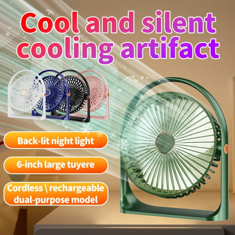 Compact LED table fan featuring a backlight, 6-inch size perfect for personal use. Rechargeable via USB with a long-lasting 1200mAh lithium battery for quiet operation. Great for office, fishing, camping, and travel. Makes an ideal gift for Father's Day