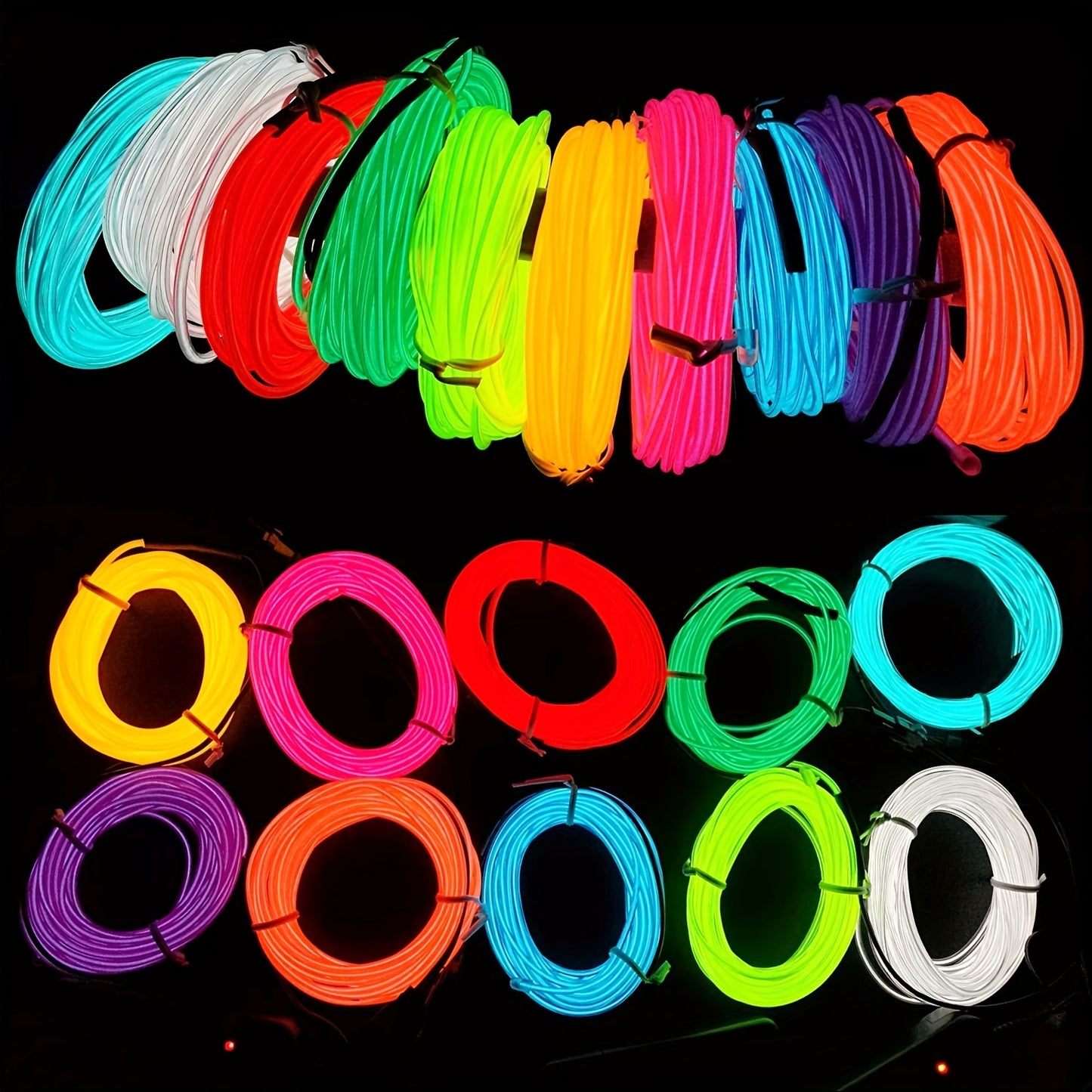 Neon light strip with EL wire battery pack for DIY decorations and parties.