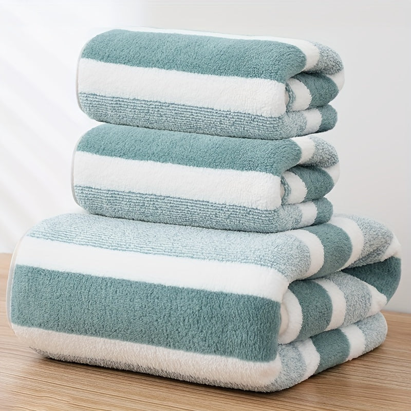 3-piece striped towel set includes 1 bath towel and 2 hand towels. Soft, absorbent, and quick-drying for the bathroom.