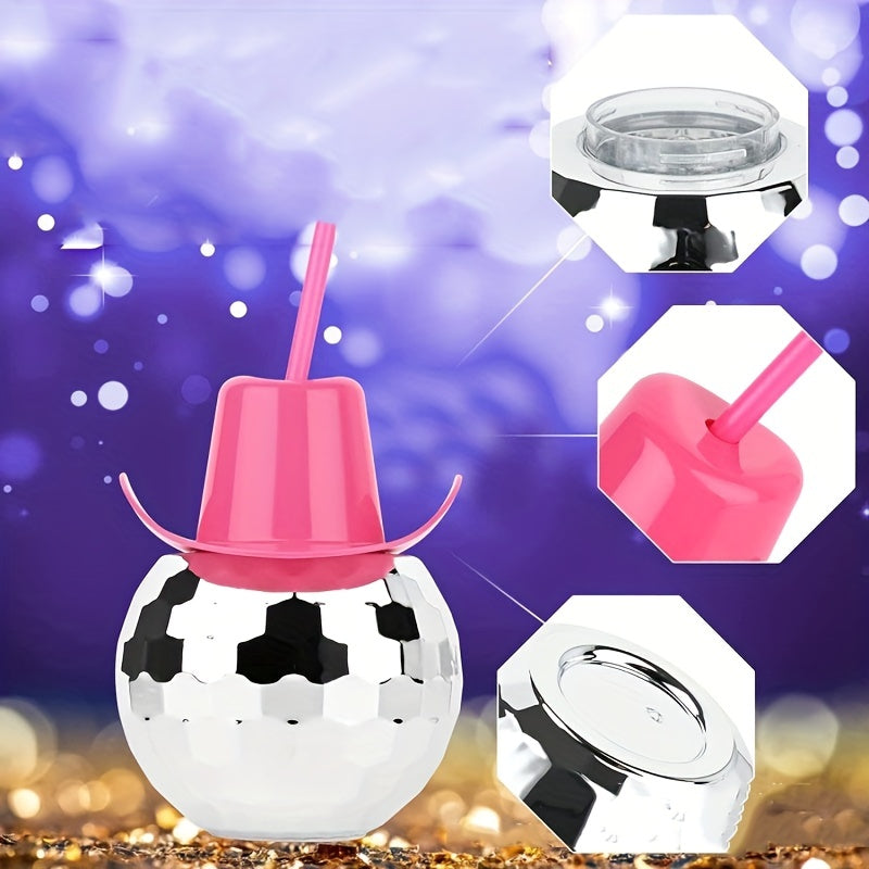 600ml Pink Cowboy Hat Disco Ball Tumbler with Straw - Shiny Electroplated Plastic Cup for Parties & Celebrations