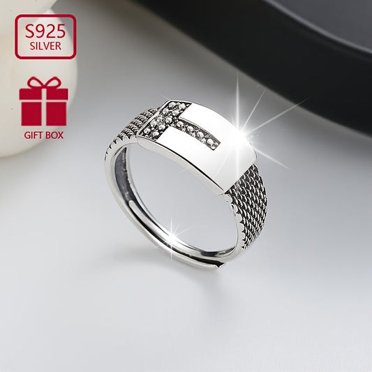 VIGG S925 Sterling Silver Hip Hop Style Geometric T-Shape Adjustable Open Ring for Men and Women, Unisex Punk Festival Fashion Jewelry, Perfect for Daily Wear and All Seasons