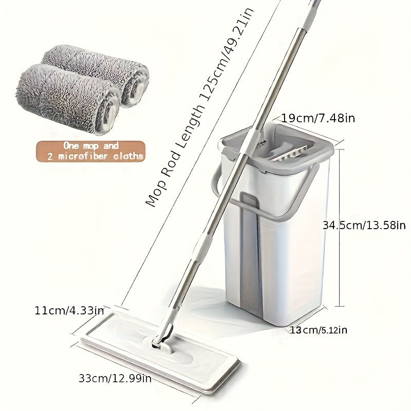 Complete Home Cleaning Kit with Mop and Bucket - Includes 1 Set, 2 Reusable Microfiber Pads, Hands-Free Washing System, Swiveling Flat Mop, Wet/Dry Dual Use, Water-Scraping Bucket, Easy to Clean, Perfect for Every Room in the House