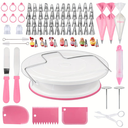 128-piece cake decorating kit with pink turntable, stainless steel piping tips, reusable and disposable pastry bags, silicone spatula, cream scrapers, flower nails, scissors, and pen. Ideal