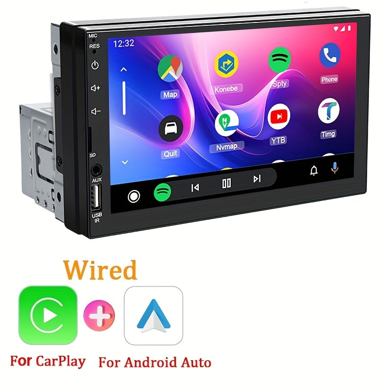 HIPPCRON Single DIN Car MP5 Multimedia Player with 17.78cm HD touch screen, wired CarPlay and AndroidAuto support, Radio Box at bottom, MirrorLink and wireless connection for navigation and