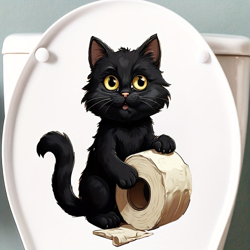 1pc Cute Black Cat Toilet Paper Sticker for Home Bathroom, Easy-to-Apply, Self-Adhesive, Disposable Decor for Restroom.