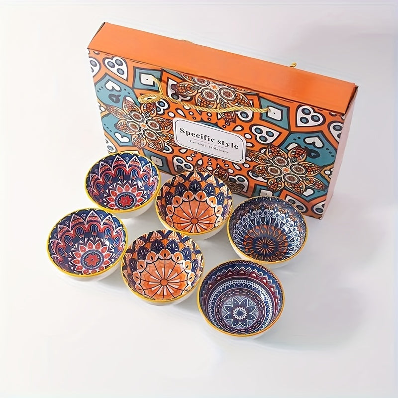 Handmade Bohemian ceramic bowl gift set featuring vibrant orange and blue mandala design. Ideal for serving cereal, ice cream, or pasta. Includes 2/4/6 bowls with elegant storage box. Perfect for holiday gatherings, Christmas, or Thanksgiving.