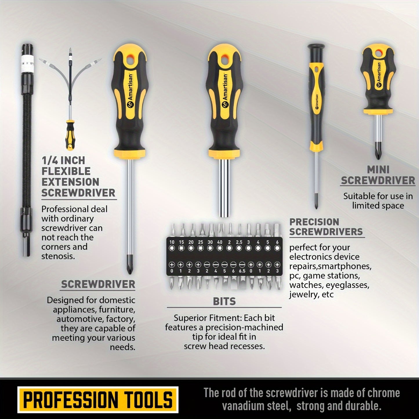 AMARTISAN Magnetic Screwdriver Set with 43 pieces in Black and Yellow, made of Chrome Vanadium Steel. Includes various types of screwdrivers and magnetic demagnetization tools. No battery