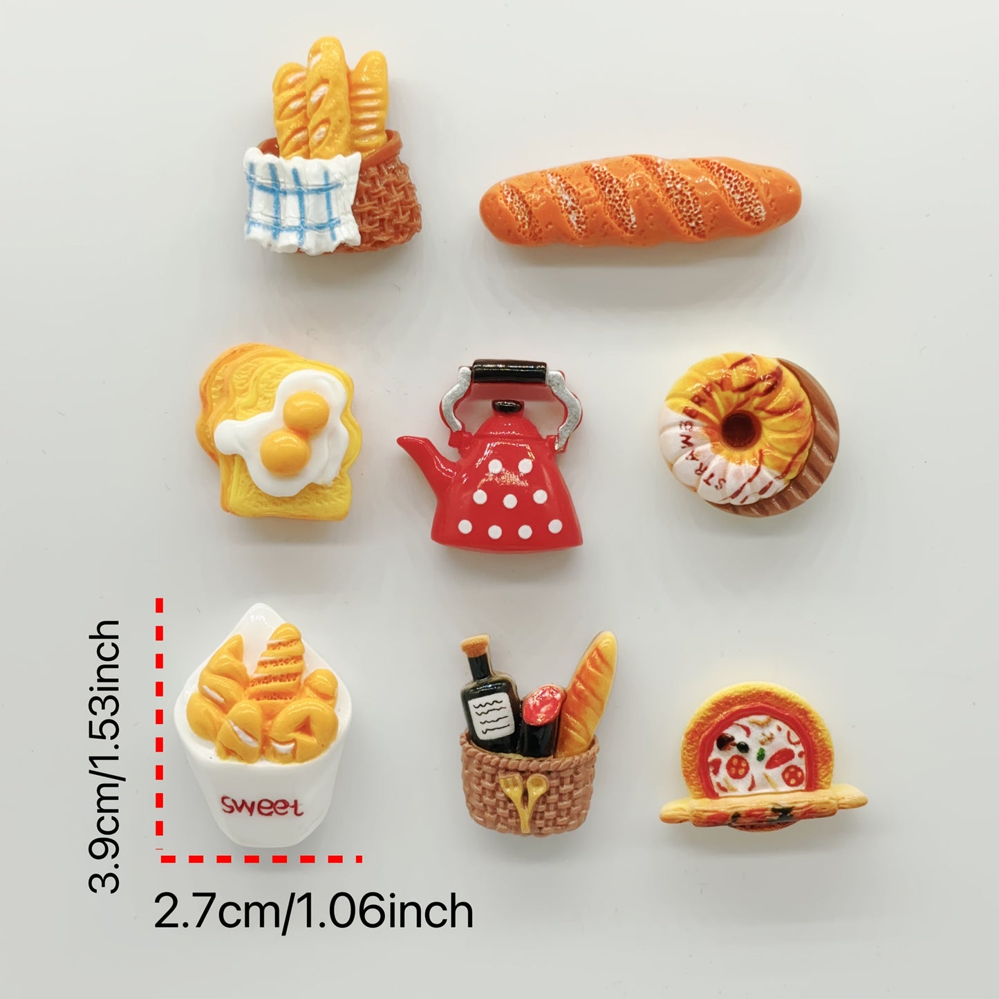 Set of 8 plastic fridge magnets featuring oval baguettes, toast, and tart designs. These magnets have a strong hold for securely attaching to metal surfaces. Add a cute touch to your kitchen decor or use them on a photo message board. Perfect for adding