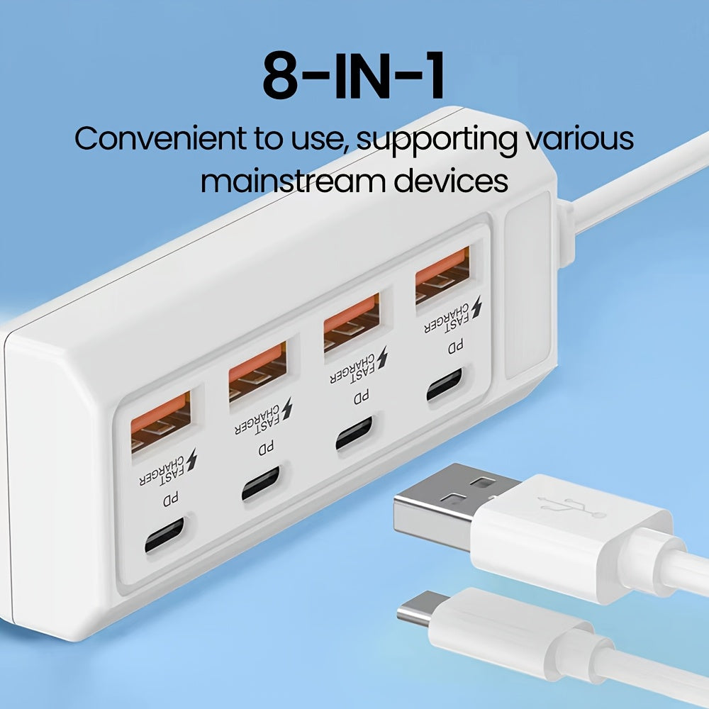 8-port USB adapter with 4 USB and 4 PD ports, 25W fast charging hub compatible with various USB devices and suitable for 5V devices like computers, laptops, and tablets.