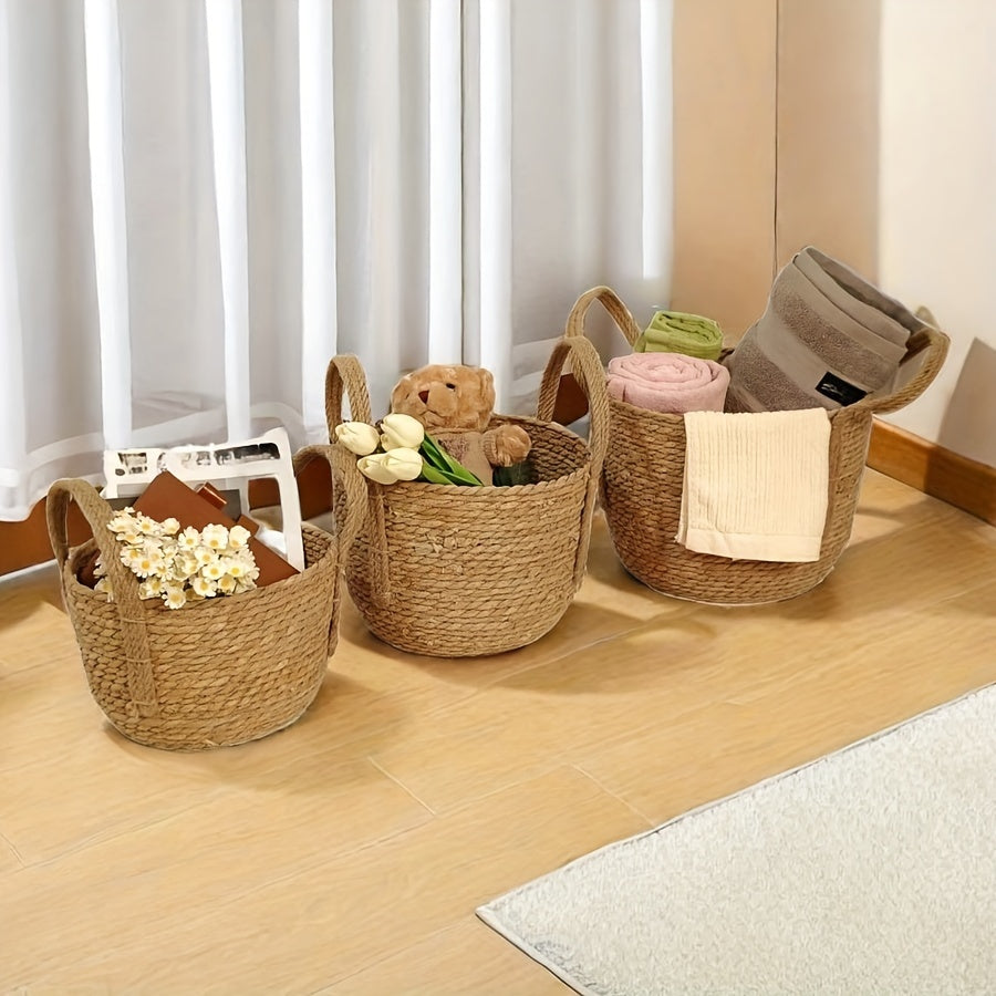 3 Handmade Woven Storage Baskets with Rustic Grass Finish - Perfect for Laundry or Home Organization