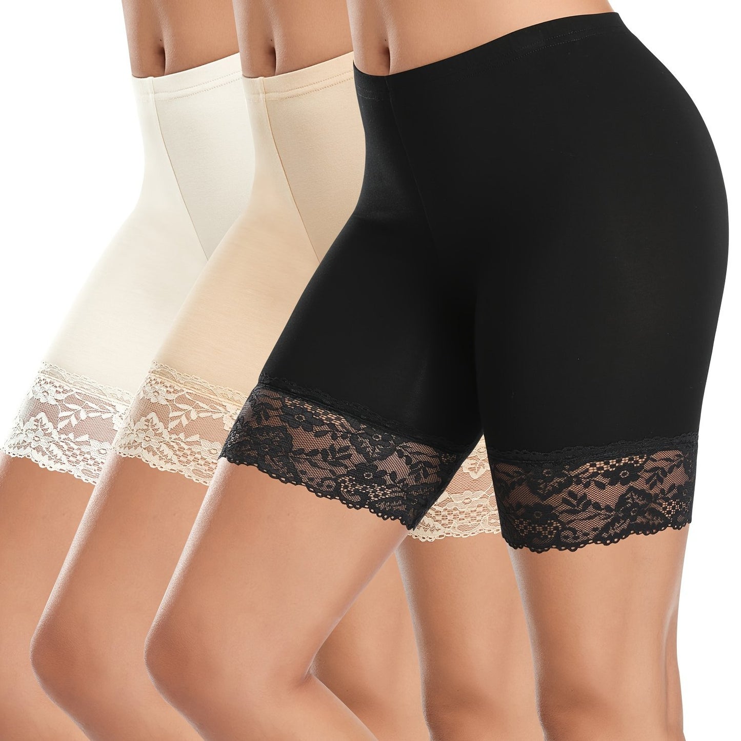 Pack of 3 high-waisted shorts with lace panels, solid color, made of rayon/viscose blend knit fabric, featuring slimming legging style with lace detail.