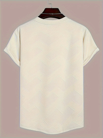 Men's geometric-patterned T-shirt, 95% polyester and 5% spandex knit fabric, crew neck, regular fit, slight stretch, patched detail, 240g/m², suitable for spring/summer/fall.