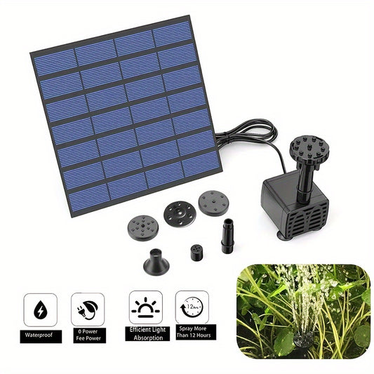 Solar-powered bird bath pump with removable photovoltaic module, ideal for garden, pond, pool, outdoor use.